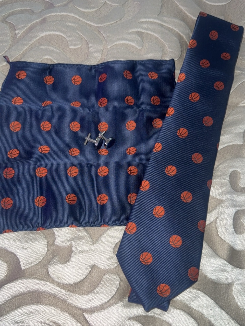 Navy Blue Tie & Pocket Square Set with Orange Basketball Motif
